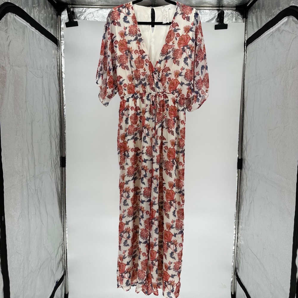 Sadie & Sage One Piece Chiffon Floral Jumpsuit Vneck Short Sleeve Wide Leg Red M